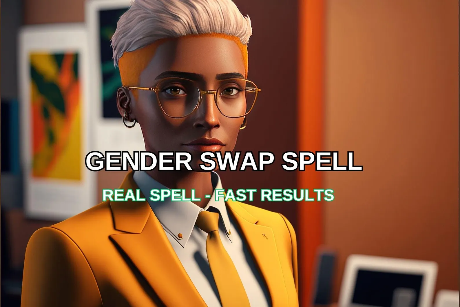 An AI-generated image in the style of the Sims. The person has brown skin and white hair with a yellow undercut. They are wearing a yellow suit and prescription glasses.