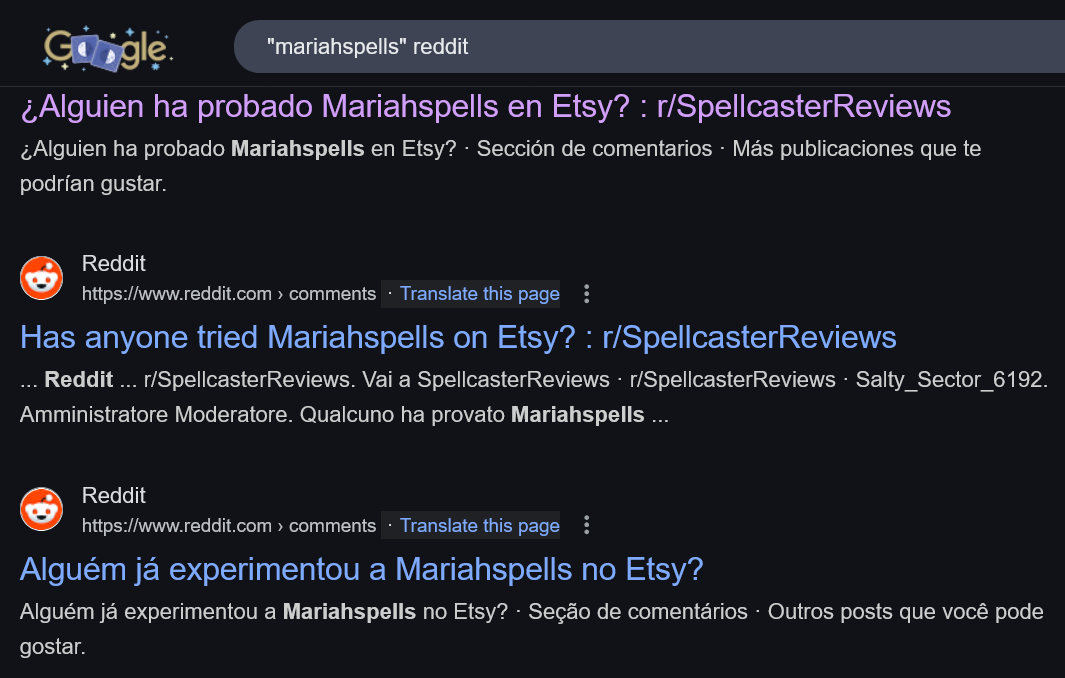 A screenshot of Google results showing three Reddit threads, all asking about MariahSpells on Etsy.