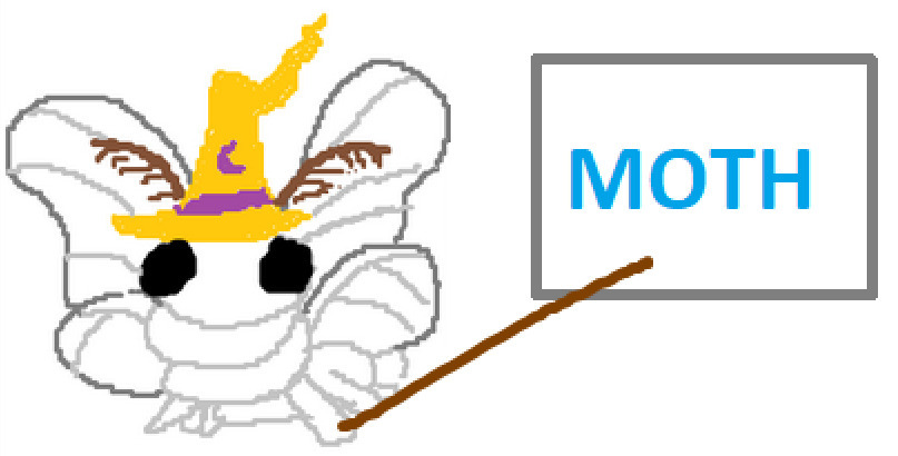 a shitty MS Paint drawing of a white moth in a yellow and purple witch hat, holding a wand that points at a board reading MOTH in large letters
