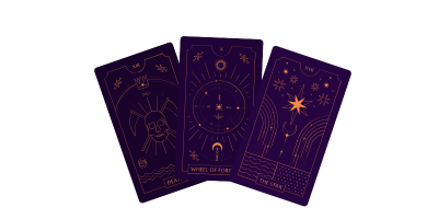 three line-art style tarot cards with purple backgrounds and yellow accents. from left to right, they are death, wheel of fortune, and the star.