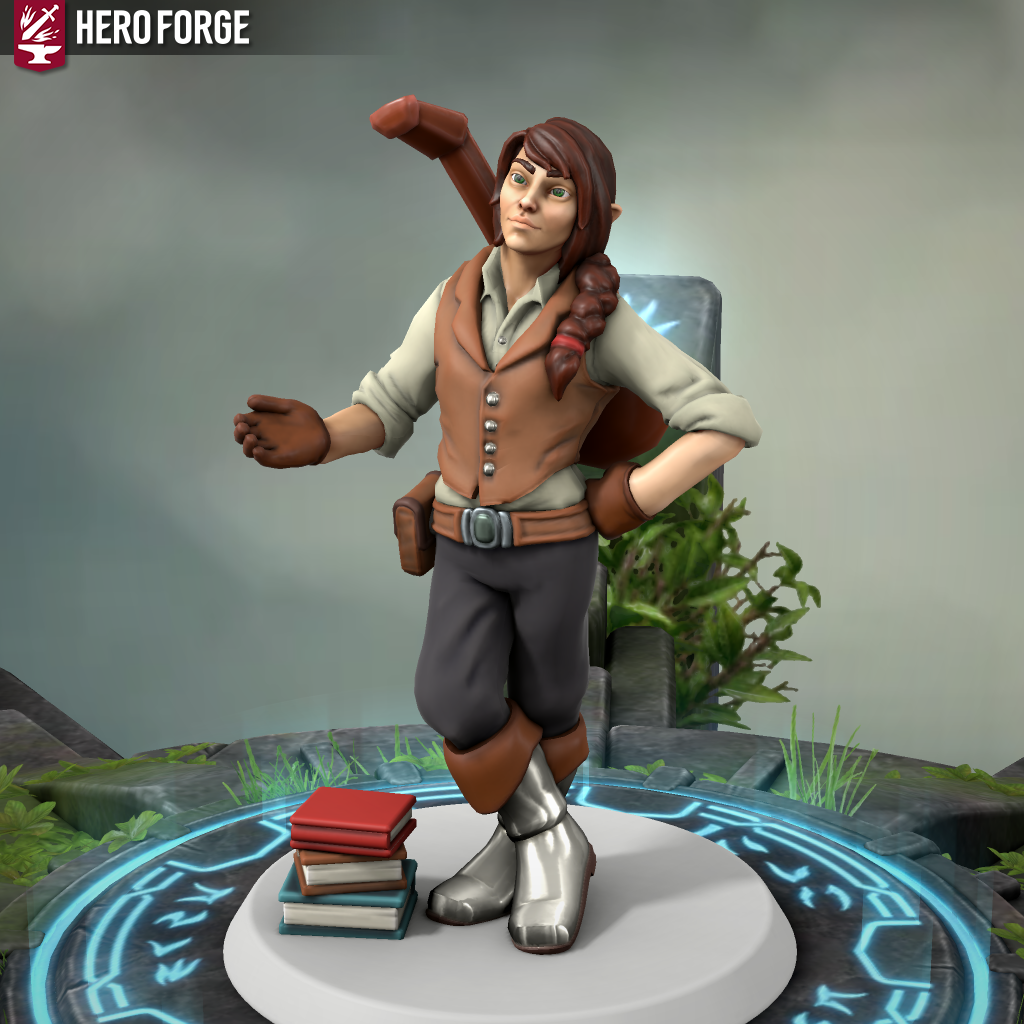 A screenshot of a Hero Forge figure. The figure is masculine, with light skin, braided auburn hair, and green eyes. He is dressed in an off-white shirt with a brown vest, dark pants, shiny silver boots, and leather gloves. On his back is a lute, and on the ground is a stack of books.